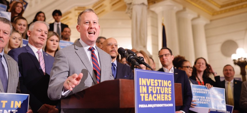 State Sen. Ryan Aument speaks at a press conference about student teacher stipends in April 2024.