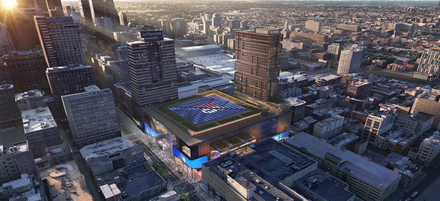 A rendering of the Philadelphia 76ers arena proposed for the Market East area near Center City.