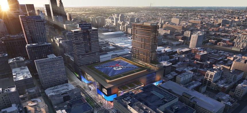 A rendering of the Philadelphia 76ers arena proposed for the Market East area near Center City.