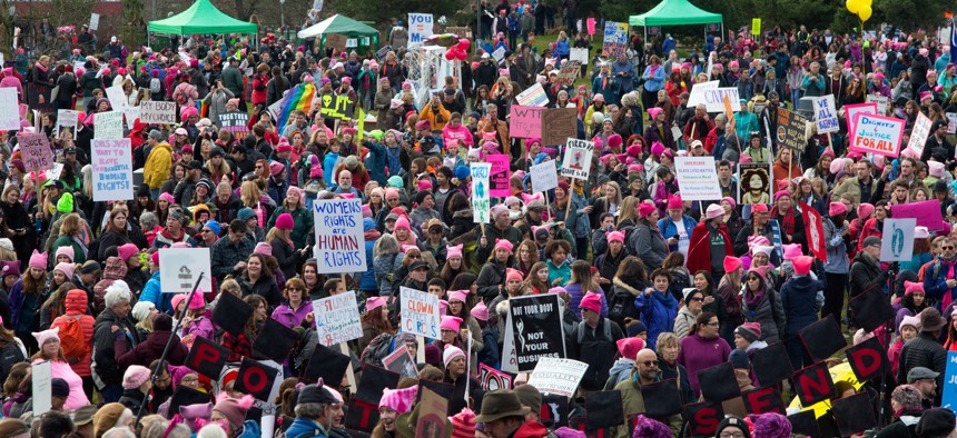 Massive anti-Trump protest marches like this 2017 one in Seattle are no sure thing given the disparate approaches seen thus far.