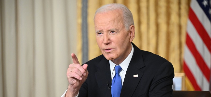 President Joe Biden delivers his farewell address to the nation from the Oval Office of the White House on January 15, 2025, in Washington, D.C.