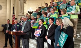 State Sen. Tim Kearney speaks at a rally in support of amending the state constitution to create an independent redistricting commission.