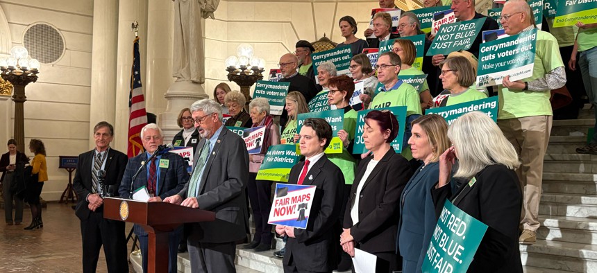 State Sen. Tim Kearney speaks at a rally in support of amending the state constitution to create an independent redistricting commission.