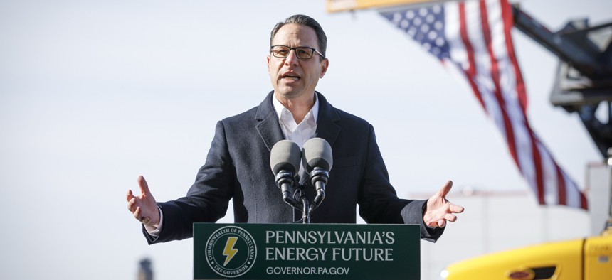 Gov. Josh Shapiro unveils a six-part energy plan at Pittsburgh International Airport.