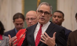 Philadelphia District Attorney Larry Krasner speaks out against ICE directives on Friday, Jan. 31 in Philadelphia City Hall.