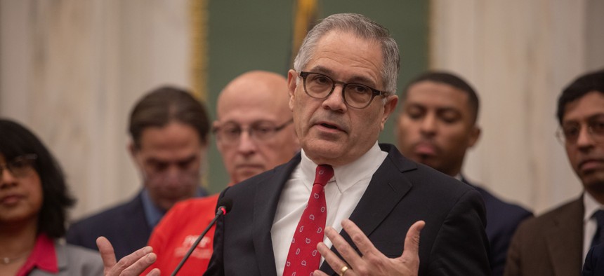 Philadelphia District Attorney Larry Krasner speaks out against ICE directives on Friday, Jan. 31 in Philadelphia City Hall.