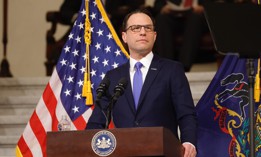 Gov. Josh Shapiro gives his 2024 budget address in the Capitol rotunda.