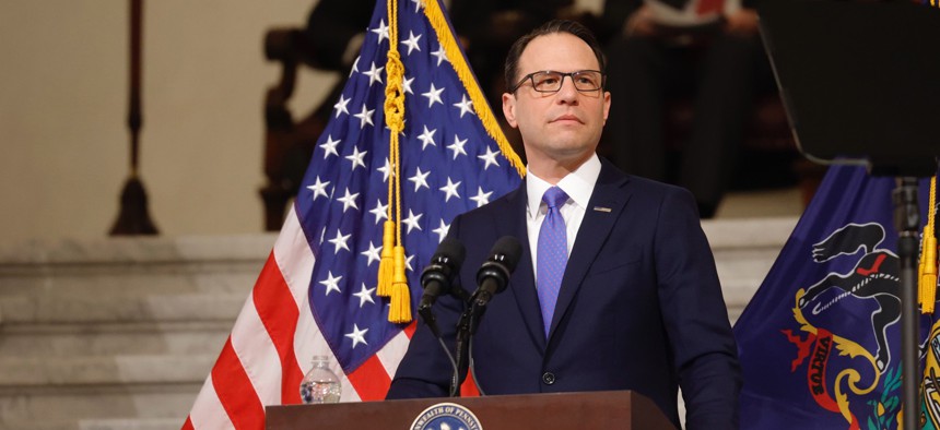 Gov. Josh Shapiro gives his 2024 budget address in the Capitol rotunda.