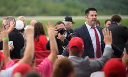 Congressional candidate Sean Parnell greets Trump supporters as they await the arrival of President Donald Trump at Latrobe Airport on September 3, 2020 in Latrobe, Pennsylvania.