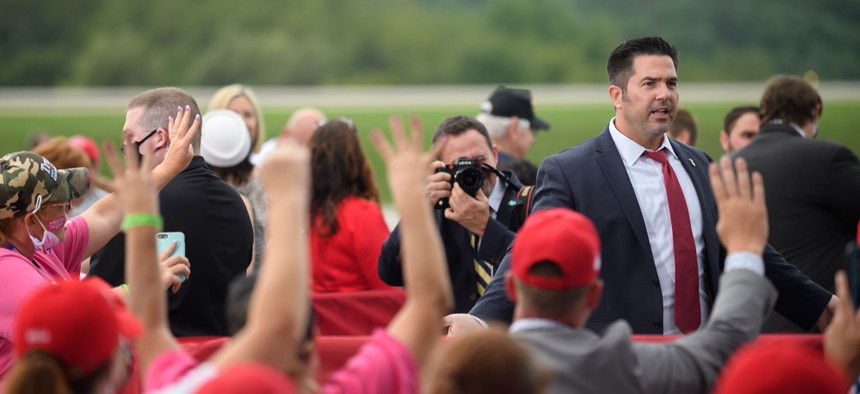 Congressional candidate Sean Parnell greets Trump supporters as they await the arrival of President Donald Trump at Latrobe Airport on September 3, 2020 in Latrobe, Pennsylvania.