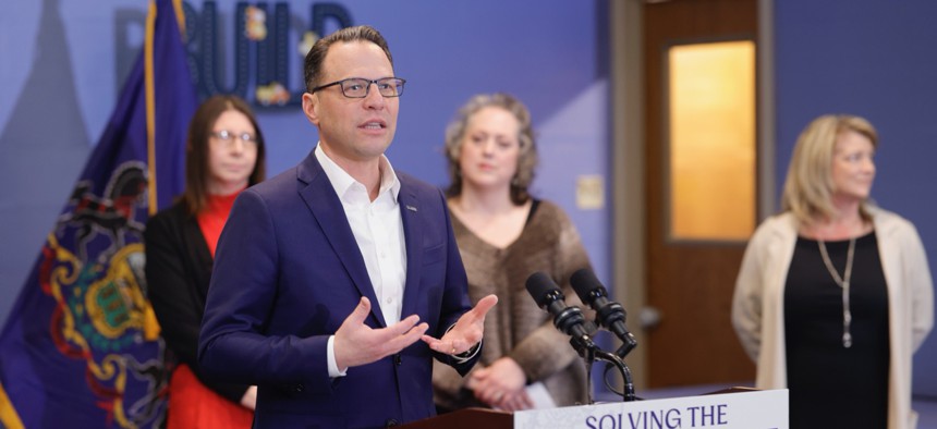 Gov. Josh Shapiro speaks at a press conference in February 2025.