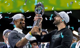 Philadelphia Eagles quarterback Jalen Hurts and Eagles head coach Nick Sirianni lift the Vince Lombardi Trophy following Super Bowl LIX against the Kansas City Chiefs at Caesars Superdome on February 09, 2025 in New Orleans, Louisiana.