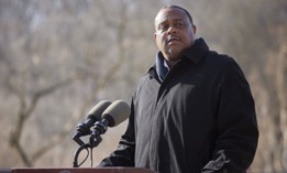 Pittsburgh Mayor Ed Gainey speaks at a December 2022 press conference celebrating the reopening of the Fern Hollow Bridge.