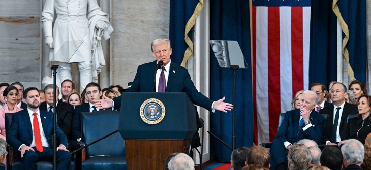 U.S. President Donald Trump speaks after being sworn in during his inauguration in the U.S. Capitol Rotunda on Jan. 20, 2025 in Washington, D.C.