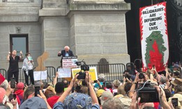 U.S. Sen. Bernie Sanders speaks to a crowd assembled for a May Day protest on the apron of Philadelphia City Hall on May 1, 2025.