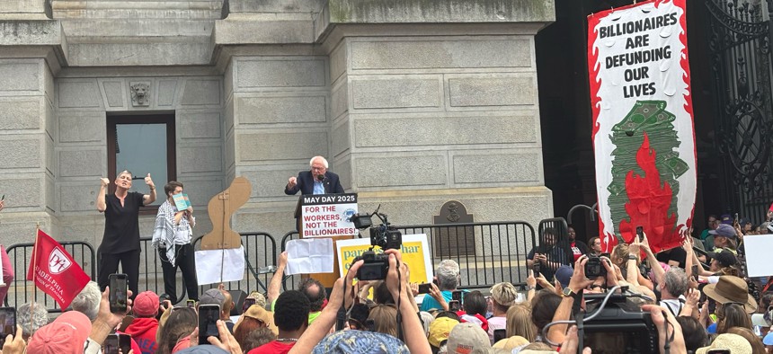 U.S. Sen. Bernie Sanders speaks to a crowd assembled for a May Day protest on the apron of Philadelphia City Hall on May 1, 2025.