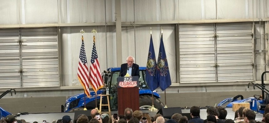 U.S. Sen. Bernie Sanders speaks in Harrisburg, Pennsylvania, during the May 2 stop on his “Fighting Oligarchy” tour.