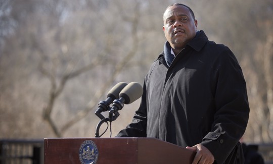 Pittsburgh Mayor Ed Gainey speaks at an event in 2022 celebrating the reopening of Pittsburgh’s Fern Hollow Bridge.