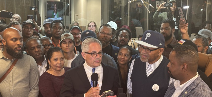 Philadelphia District Attorney Larry Krasner speaks after being declared the winner of the Democratic primary on May 20, 2025.