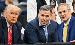 U.S. Sen. Dave McCormick, flanked by President Donald Trump and U.S. Rep. Jim Jordan, at the NCAA Division 1 wrestling finals in March.