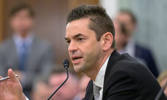 Jared Isaacman speaks during a U.S. Senate confirmation hearing in April 2025.