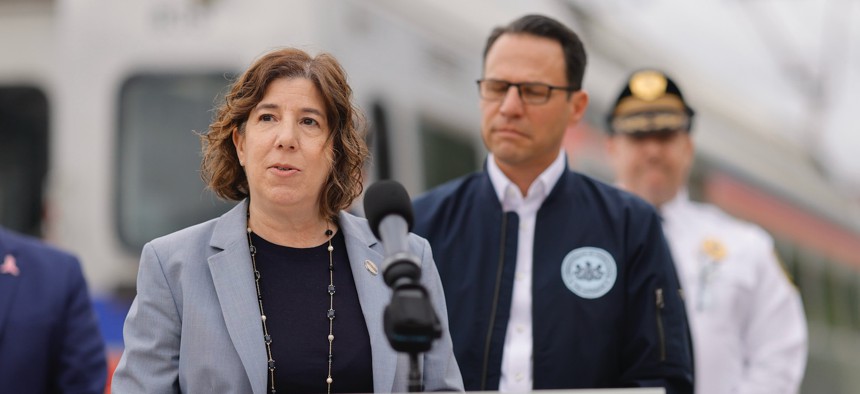 Then-SEPTA General Manager Leslie Richards speaks at an event with Gov. Josh Shapiro.
