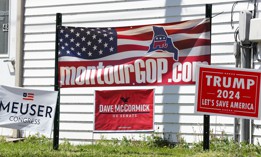 Candidate yard signs outside of the Montour County Republican Party headquarters on Primary Day in 2024.
