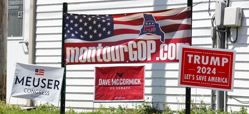 Candidate yard signs outside of the Montour County Republican Party headquarters on Primary Day in 2024.
