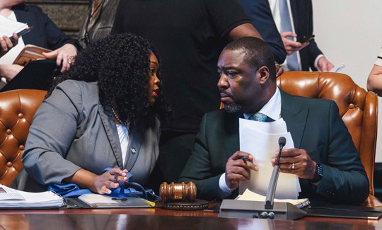 Philadelphia City Council President Kenyatta Johnson, R, confers with Majority Leader Katherine Gilmore Richardson during budget session on June 12, 2025.