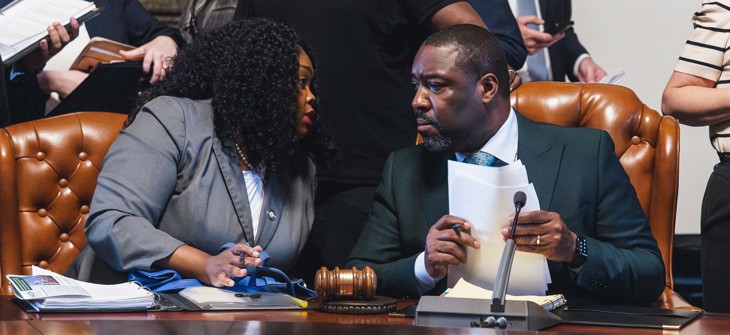 Philadelphia City Council President Kenyatta Johnson, R, confers with Majority Leader Katherine Gilmore Richardson during budget session on June 12, 2025.