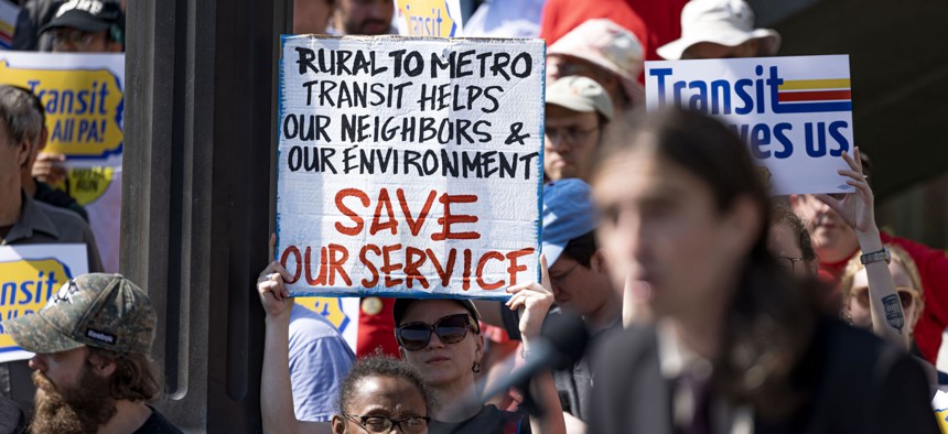 Transit stakeholders rally at the state Capitol in Harrisburg on June 4, 2025 to call for a dedicated and expanded transit funding solution.