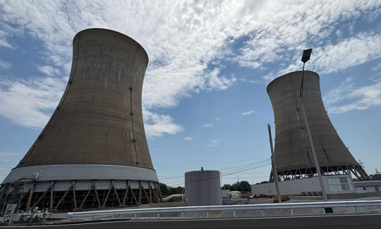 Cooling towers located at the side of the Crane Clean Energy Center, formerly known as Three Mile Island, in Middletown, Pennsylvania.