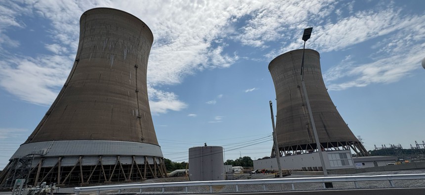 Cooling towers located at the side of the Crane Clean Energy Center, formerly known as Three Mile Island, in Middletown, Pennsylvania.