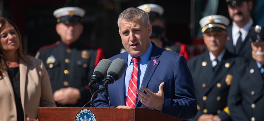 State Sen. Frank Farry speaks at a September 2024 press conference.