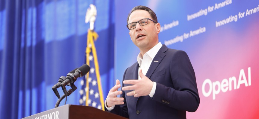 Gov. Josh Shapiro unveils the results of an AI pilot program at Carnegie Mellon University in March 2025.