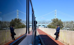A SEPTA bus is parked as the driver takes a break before continuing its route.