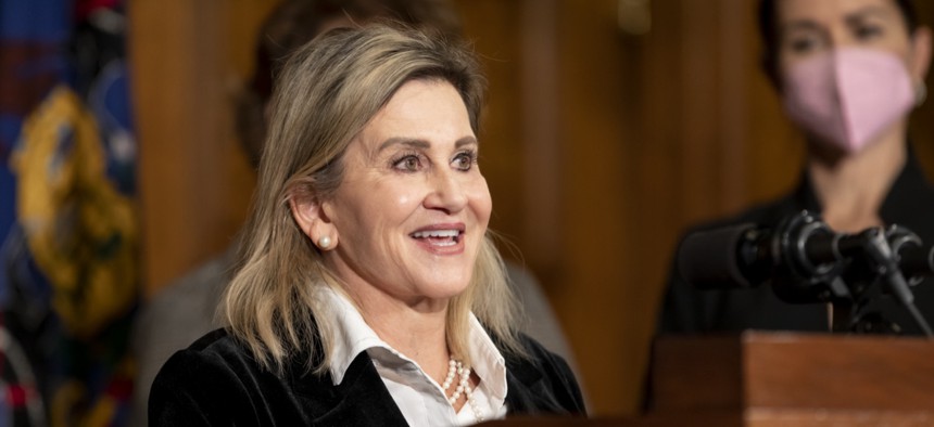 Pennsylvania Senate President Pro Tempore Kim Ward speaks at a press conference in 2022.