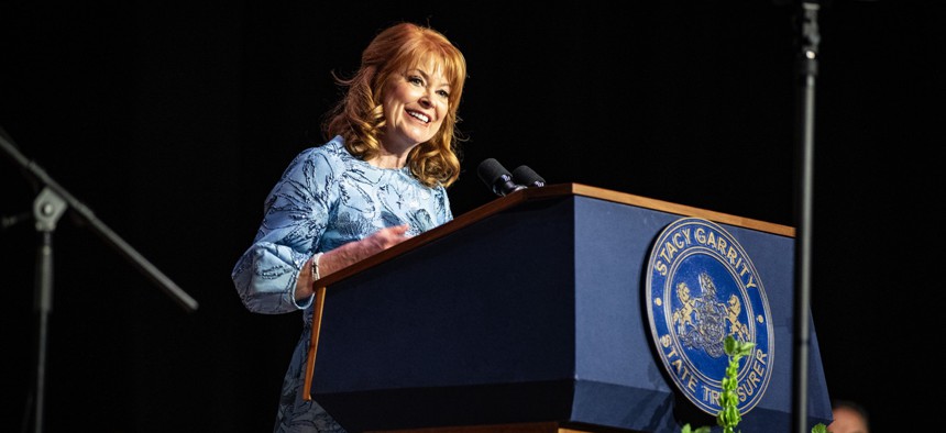 Pennsylvania Treasurer Stacy Garrity speaks at her 2025 swearing-in ceremony.
