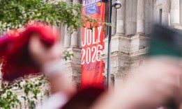 Phhiladelphians celebrate the unveiling of the 2026 MLB All-Star Game logo outside City Hall on July 18, 2025.