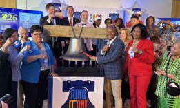 Key members of the City of Philadelphia’s semiquincentennial efforts, including Michael Newmuis, 2026 Director for the City of Philadelphia, seen here ringing the bell, were on hand to announce the “Ring It On!” initiative.