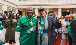 Philadelphia City Council President Kenyatta Johnson, L, and Councilmember Mark Squilla on Feb. 6, 2025 before the Eagles’ Super Bowl victory.