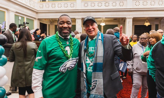 Philadelphia City Council President Kenyatta Johnson, L, and Councilmember Mark Squilla on Feb. 6, 2025 before the Eagles’ Super Bowl victory.