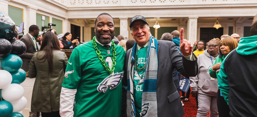 Philadelphia City Council President Kenyatta Johnson, L, and Councilmember Mark Squilla on Feb. 6, 2025 before the Eagles’ Super Bowl victory.