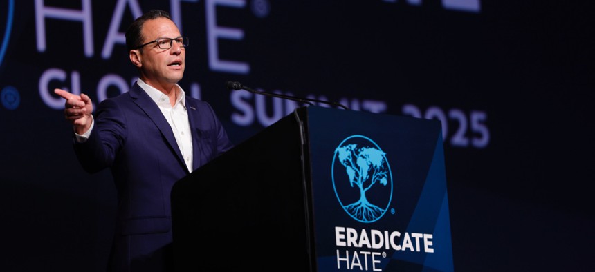 Gov. Josh Shapiro speaks at the 2025 Eradicate Hate Global Summit in Pittsburgh.
