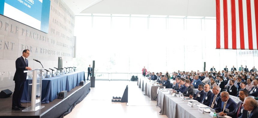 Gov. Josh Shapiro delivers opening remarks at the Summit on the State of PJM Interconnection in Philadelphia’s National Constitution Center