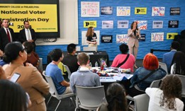 2024 Democratic presidential nominee and then-Vice President Kamala Harris speaks to student volunteers at the Community College of Philadelphia in September 2024.