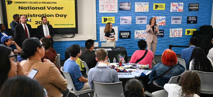 2024 Democratic presidential nominee and then-Vice President Kamala Harris speaks to student volunteers at the Community College of Philadelphia in September 2024.