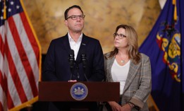Joined by First Lady Lori Shapiro, Gov. Josh Shapiro speaks to the press following Cody Balmer’s guilty plea in October 2025.