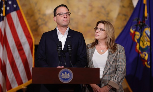 Joined by First Lady Lori Shapiro, Gov. Josh Shapiro speaks to the press following Cody Balmer’s guilty plea in October 2025.