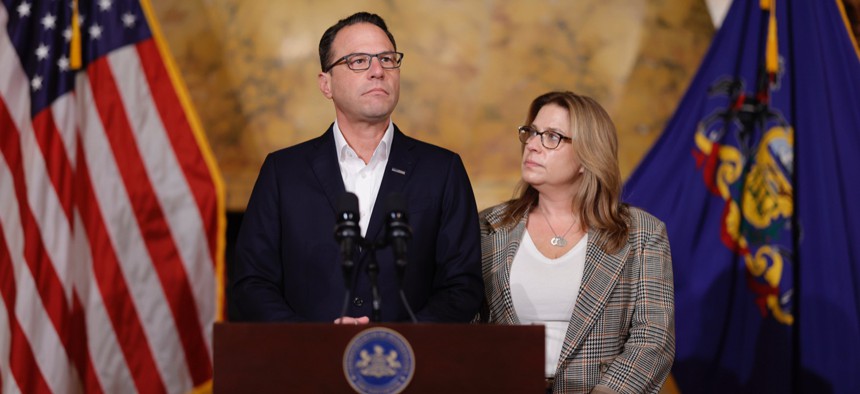 Joined by First Lady Lori Shapiro, Gov. Josh Shapiro speaks to the press following Cody Balmer’s guilty plea in October 2025.
